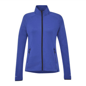 A blue eco knit jacket for women with a zip front and two side pockets, featuring a logo.