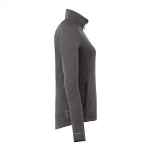 A women's grey eco knit jacket with a high collar and a zippered side pocket, featuring a logo.