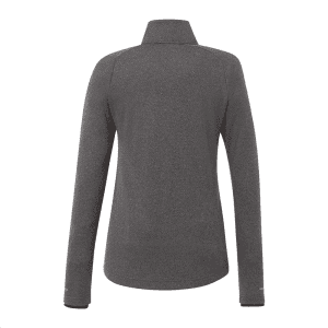 A women's jacket in dark grey, featuring a high collar and long sleeves, with a logo on the back.
