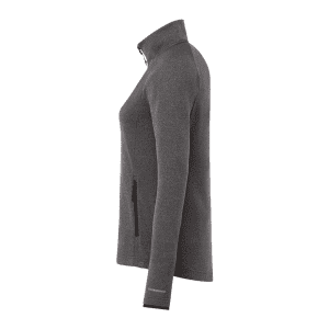 A women's grey eco knit jacket featuring a zippered front and a side pocket, with a small logo on the sleeve.