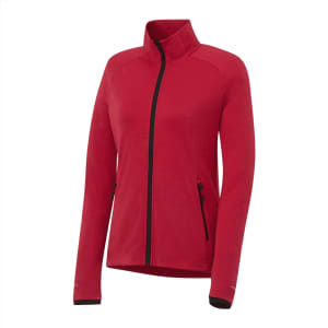 A red women's jacket with a zip front, high collar, and two side pockets. Features a logo on the sleeve.