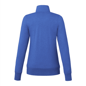 A blue women's polar fleece jacket with a full zip and high collar. The back view highlights its simple design.