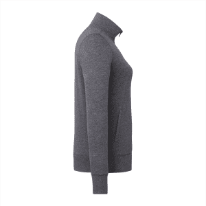 A women's polar fleece jacket in grey, featuring a full zip and side pockets, with a logo displayed.