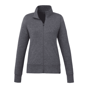 A grey full zip polar fleece jacket for women, featuring long sleeves and a high collar. It has a logo.