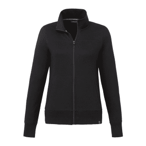 A women's black polar fleece full zip jacket with a high collar and side pockets, featuring a logo.