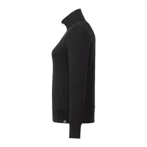 A black women's fleece jacket with a full zip and a front pocket, featuring a logo on the side.