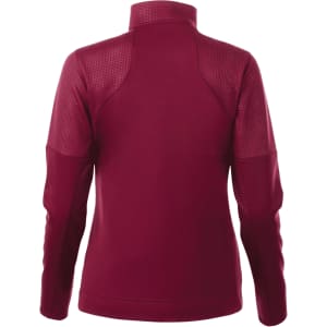 A maroon women's full zip performance jacket with thumb holes, featuring a textured design and a fitted silhouette.