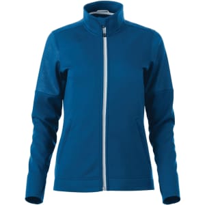 A women's full zip performance jacket in a vibrant blue, featuring thumb holes and a textured sleek design.