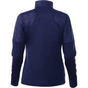 A navy women's full zip performance jacket with thumb holes, featuring a structured fabric design and a collar.