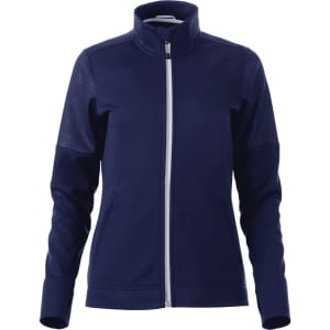 A women's full zip performance jacket in navy blue with thumb holes and a logo on the chest.