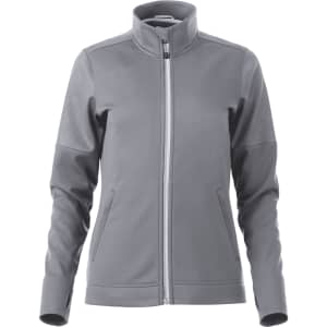 A women's full zip performance jacket in grey with thumb holes and logo on the chest.