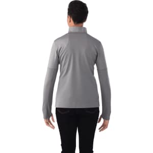 A grey women's performance jacket with a full zip and thumb holes, featuring a high collar and fitted design.