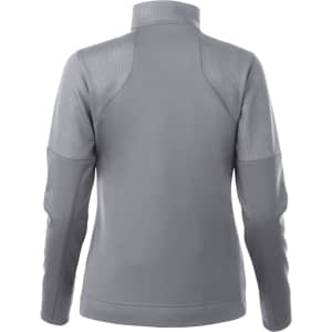 A grey women's full zip performance jacket with thumb holes, featuring a textured back design and a collar.