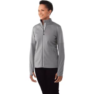 A women's full zip performance jacket in grey, featuring thumb holes and a sleek design, with a logo on it.