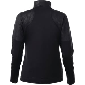 A black women's full zip performance jacket featuring knit texture and thumb holes, with a branded logo on the back.