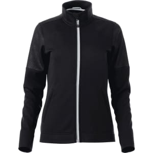 A black full zip performance jacket with thumb holes and a logo, featuring a fitted design and textured panels.