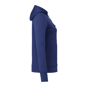 A navy blue women's hoody with a zip front, fitted silhouette, and a pocket at the front. It features a logo.