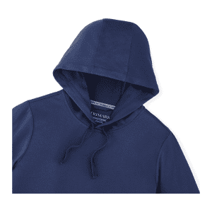 A navy blue women's hoody with a drawstring hood and branding on the label.