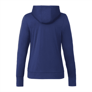 A navy blue women's hoody with a hood and long sleeves, featuring a simple design. It has a branding logo on it.