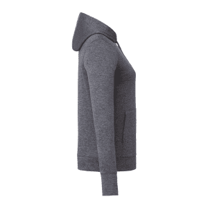 A women's eco knit hoody in grey, featuring a hood and front pocket, with a logo.