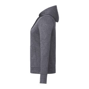 A grey women's hoodie featuring a hood and side pockets, with a logo visible on the fabric.