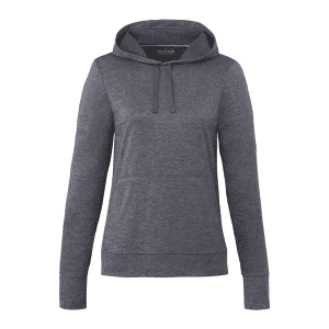 A grey women's hoodie with a drawstring hood and long sleeves, featuring a logo on the front.