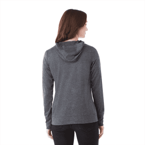 A women's eco knit hoody in dark grey, featuring a hood and a relaxed fit, viewed from the back.
