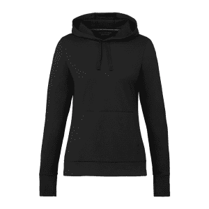 A black women's hoody with a drawstring hood and long sleeves, featuring a subtle logo.