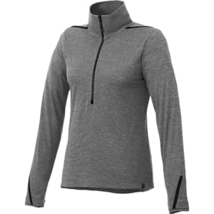 A grey women's half zip jumper with long sleeves and a zippered collar. Features a branding logo.