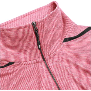 A red and white striped half zip jumper with a high collar and a branded logo.