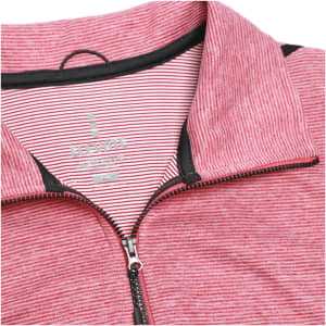 A red and white striped half-zip jumper with a high collar and a logo. Features a smooth fabric texture.