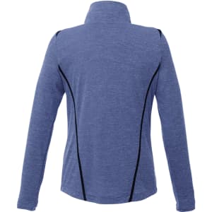 A blue half-zip jumper with a high collar and black contrast seams, featuring a logo.