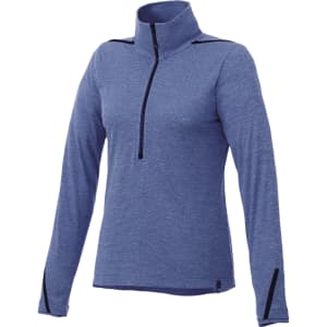 A blue women's half zip jumper made from eco-friendly knit fabric, featuring a high collar and long sleeves.