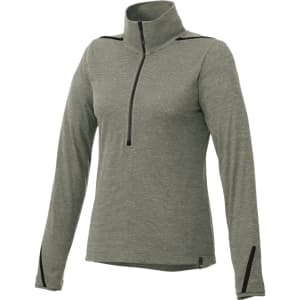 A women's half zip jumper in green eco-knit fabric, featuring long sleeves and a mock collar. It has a brand logo.