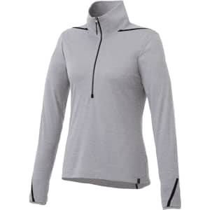 A grey women's half zip jumper with long sleeves and a high collar, featuring a small logo.