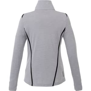 A grey women's half zip jumper featuring black seam detailing and a high collar, with a logo on the side.