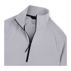 A light grey quarter zip jacket featuring a textured fabric and a small logo on the collar.