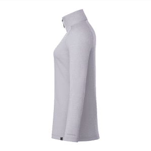 A quarter zip jacket for women in light grey, featuring a sleek design and a branding logo.