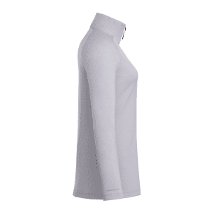 A light grey women's quarter zip jacket with a high collar, featuring a logo and a stylish, fitted design.