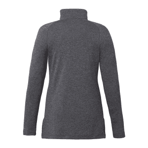 A quarter zip female jacket in a dark grey colour featuring a high collar and long sleeves. It has a logo.