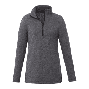 A quarter-zip women's jacket in dark grey with long sleeves, featuring a collar and a logo.