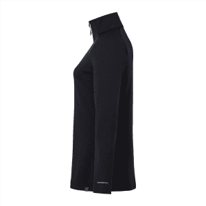 A women's quarter zip jacket in black, featuring a high collar and a logo on the sleeve.