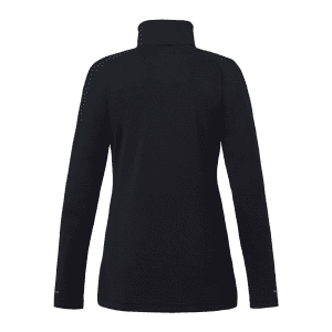 A women's quarter zip jacket in black, featuring long sleeves and a high collar. It includes a logo on the sleeve.