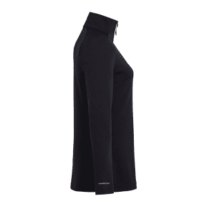 A black women's quarter zip jacket with a high collar, featuring long sleeves and a simple design.