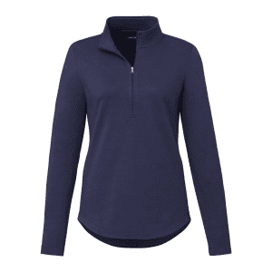 A navy quarter zip jacket for women featuring long sleeves and a high collar. It has a branded logo.