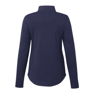 A navy women's quarter zip jacket with long sleeves and a high collar, featuring a logo.