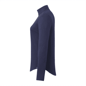 A navy quarter zip jacket for women, featuring long sleeves and a sleek design. It includes a branding logo.