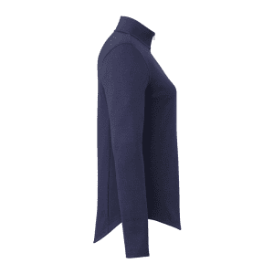 A navy women's quarter zip jacket with a fitted silhouette and long sleeves, featuring a branded logo.