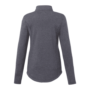 A women's eco knit quarter zip jacket in dark grey with long sleeves and a high collar. It features a logo.