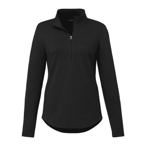 A black women's quarter zip jacket with long sleeves and a collar, featuring a small logo.